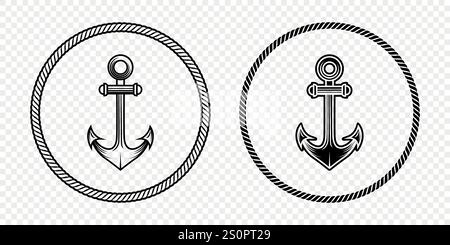 Black and White Anchor Icon Set. Flat Vector Monochrome Anchor Shapes in Circular Rope Frame. Nautical Anchor Symbols, Marine Rope Border Design Stock Vector