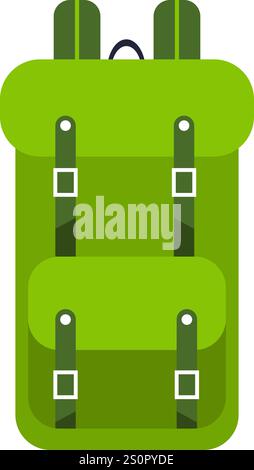Green backpack featuring adjustable straps and multiple compartments, ideal for hiking, camping, and various outdoor activities, ensuring practicality Stock Vector