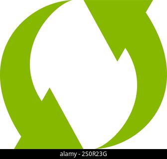 Two dynamic curved green arrows intertwining and rotating, symbolizing the continuous cycle of recycling, renewal, and environmental sustainability Stock Vector