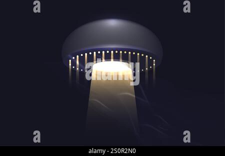Alien spaceship emitting light beam in the blue sky. Ufo Uap concept, Unidentified Flying Object Saucer, cartoon style. Extraterrestrial visitors. Stock Vector