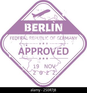 Purple immigration control stamp featuring an airplane, the date, the name of the city and country, and the word approved, simulating a visa stamp for Stock Vector