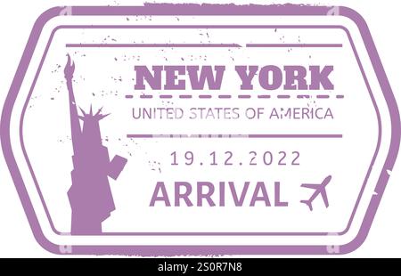 Purple arrival stamp for New York City, United States of America, with date and airplane icon, evoking international travel and immigration control Stock Vector