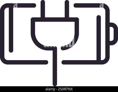 Simple line drawing depicting an electric plug connecting to a battery, illustrating concepts of charging, energy flow, and electrical power in a Stock Vector
