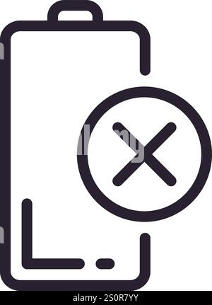 Minimalist vector illustration depicting a battery icon with a cross symbol, representing a state of low or no power, emphasizing the concept of Stock Vector