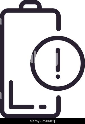 Simple black and white vector icon of a battery with an exclamation mark, indicating a low power warning, useful for user interfaces and mobile apps Stock Vector