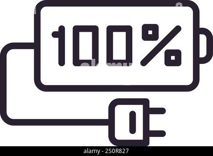 Simple line drawing of a battery icon displaying a full one hundred percent charge, with a plug attached, representing a fully charged electronic Stock Vector