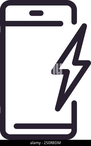 Minimalist line art vector illustration depicting a smartphone being charged, with a lightning bolt symbol representing fast charging, conveying the Stock Vector