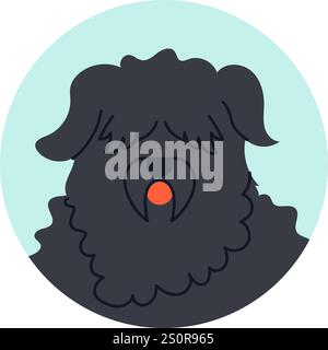 Minimalist vector illustration of a Black Russian Terrier panting with its tongue out, set against a light blue circular background, capturing the Stock Vector