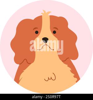 Cute cavalier king charles spaniel dog posing for a charming portrait illustration against a vibrant pink circular background, radiating happiness and Stock Vector