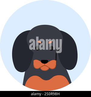 Minimalist vector illustration of a dachshund dog, presenting a frontal view of its head and upper body, set against a light blue circular backdrop Stock Vector