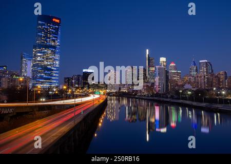 Downtown Philadelphia reflected in the Schuykill River at night, Philadelphia, Pennsylvania Stock Photo