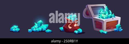 Treasure gems pile increase progress for game level rank award. Turquoise crystals in heap, brown cloth sack full of jewel gemstones, open ancient woo Stock Vector
