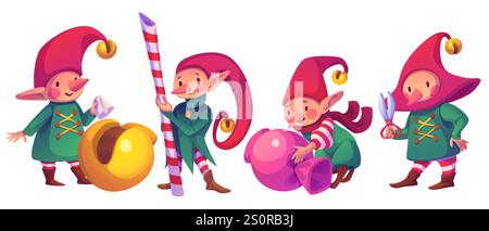 Cute cartoon Christmas elves in festive outfits. Santa Claus helpers characters holding scissors, holding caramel cane, dragging big candy and polishi Stock Vector