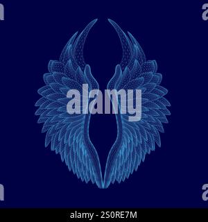 The wings of a bird are shown in blue, with a blue background. The wings are very detailed and appear to be made of small dots. The image has a dreamy Stock Vector