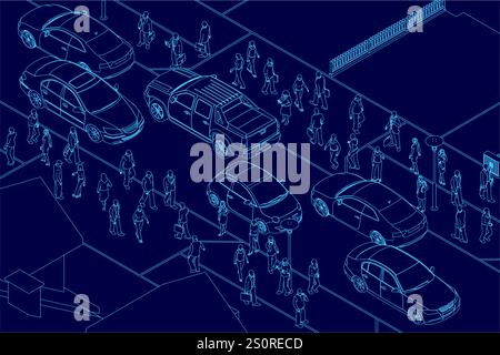 Blue image of a busy street with cars and pedestrians. The image is a drawing of a city street with cars and people. Scene is busy and bustling, with Stock Vector