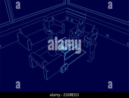 Blue image of a living room with a couch and a table. There are four people in the room, two of them sitting on the couch and two of them standing. Sc Stock Vector