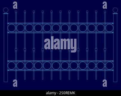 Blue drawing of a fence with a lot of circles on it. The circles are spaced out and are of different sizes Stock Vector