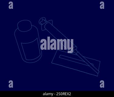 Bottle of medicine and a syringe are placed on a blue background. The syringe is positioned in the middle of the bottle, with the bottle's cap on top Stock Vector