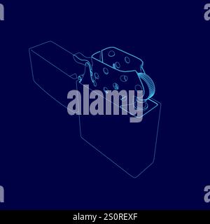 Blue image of a lighter with a blue background. The lighter is shown in a close up with the top half of the lighter showing Stock Vector