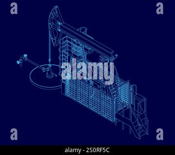 Blue drawing of a pump jack. The drawing is of a pump jack that is in the process of pumping oil. The drawing is very detailed and shows the different Stock Vector