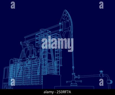 Blue drawing of a pump jack. The drawing is of a pump jack that is in the process of pumping oil. The drawing is very detailed and shows the different Stock Vector