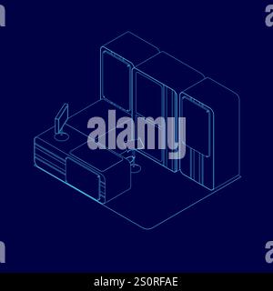Blue drawing of a room with a desk and a computer. The desk has a keyboard and a mouse. There is a laptop on the desk. A chair is in front of the desk Stock Vector
