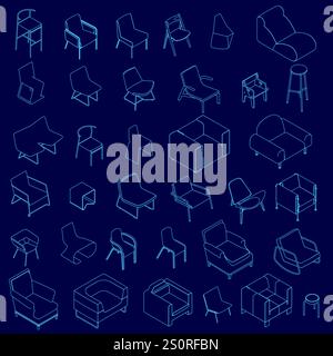 Blue image of various chairs and couches. The chairs are all different shapes and sizes, and the couches are also varied in design. Concept of variety Stock Vector