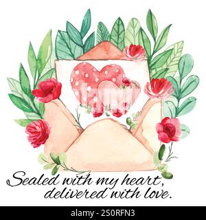 Valentines Watercolor floral letter with envelop and heart inside it, sealed with heart, delivered with love Stock Vector