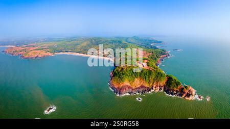 Kudle aerial panoramic view. Kudle Beach is a major tourist attraction in the coastal city of Gokarna in Karnataka state of India. Stock Photo