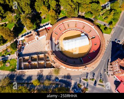 Bullring or plaza de toros building aerial panoramic view in Antequera. Antequera is a city in the province of Malaga, the community of Andalusia in S Stock Photo