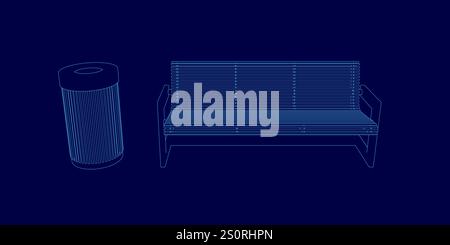 Blue image of a bench and trash can. The bench is shown in a blue and white color scheme, and the trash can is shown in a blue color scheme Stock Vector