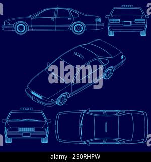Blue drawing of a taxi cab. The taxi cab is shown from the front, back, and side Stock Vector