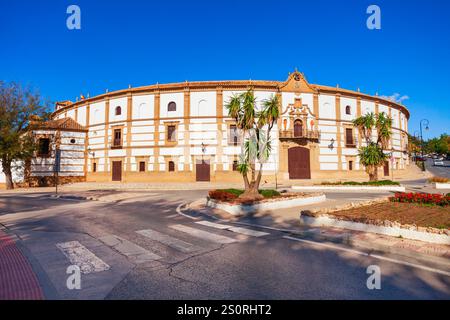 Bullring or plaza de toros building exterior in Antequera. Antequera is a city in the province of Malaga, the community of Andalusia in Spain. Stock Photo