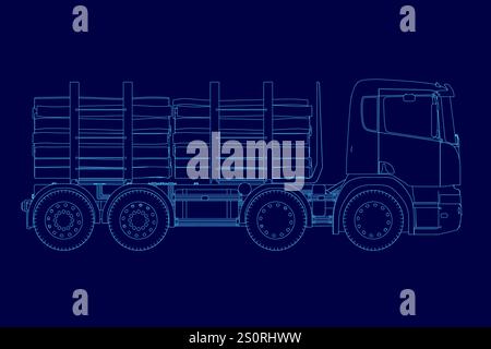 Blue truck with a cab and a stripe on the side. The truck is a large semi truck with a trailer attached Stock Vector