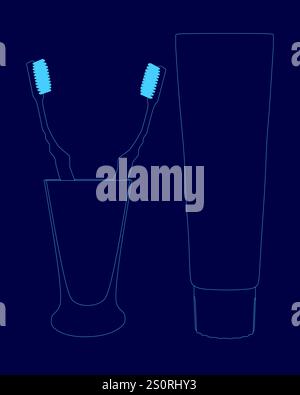 Toothbrush and a tube of toothpaste are shown in a blue background. The toothbrush is in a cup, and the tube is next to it. Concept of dental hygiene Stock Vector
