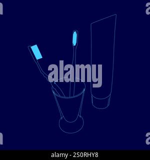 Blue toothbrush, toothpaste and a cup are shown in a close up. The image is of a cartoonish style and the mood is lighthearted and playful Stock Vector