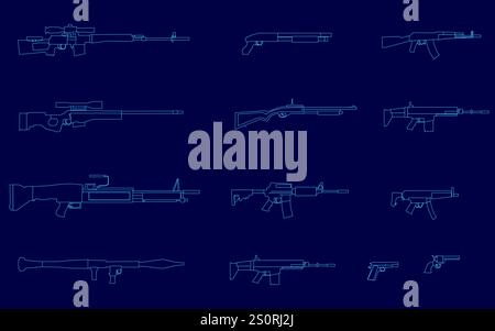 Series of blue images of guns. Side view. Vector illustration Stock Vector