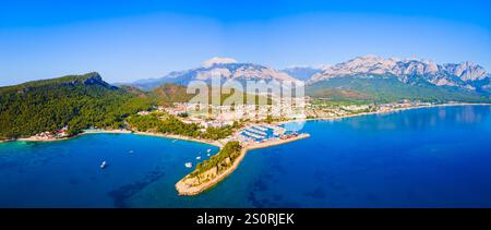 Kemer city port and beach aerial panoramic view. Kemer is a seaside resort town in Antalya Province in Turkey. Stock Photo