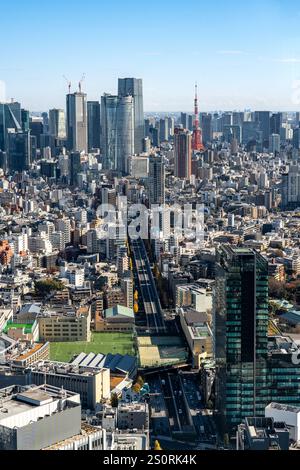 Tokyo, Japan - 14 December 2024 - View of Tokyo cityscape including Tokyo Tower  seen from Shibuya Sky building Stock Photo