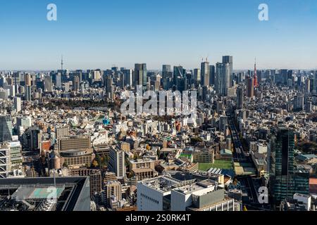 Tokyo, Japan - 14 December 2024 - View of Tokyo cityscape including Tokyo Sky Tree and Tokyo Tower   seen from Shibuya Sky building Stock Photo