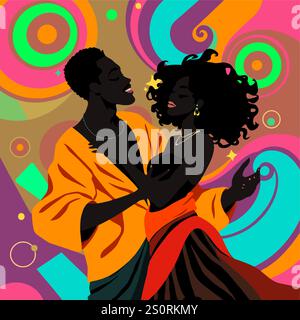 Romantic dancing young African couple illustration. Funny dancing young ...
