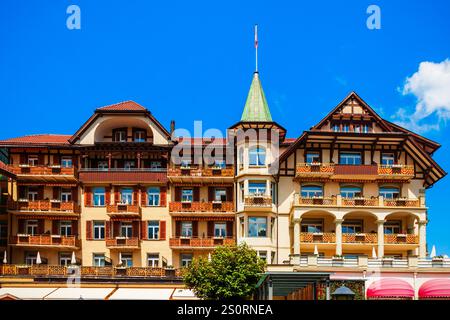 Traditional local houses in Wengen village in the Interlaken district in the Bern canton of Switzerland Stock Photo