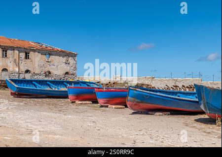 Old wooden boats in the tuna fishery of Carloforte, Sardinia, Italy Stock Photo