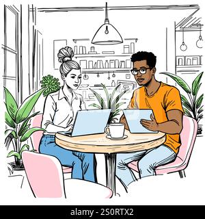 Two people working at the table in cafe Stock Vector