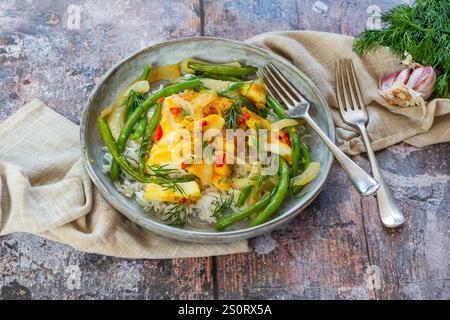 Ginger and tumerick cod with green beans and rice Stock Photo