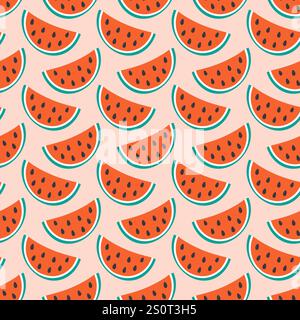 Watermelon slices with seed Seamless Pattern in trendy doodle minimalist. Healthy eating background. Isolated Vector illustration Wallpaper, wrapping, or web promo banner, posting, blogging, leaflets Stock Vector