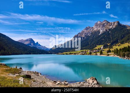 Reservoir Sufnersee on the Hinterrhein river in Switzerland surrounded by Mountains. Stock Photo