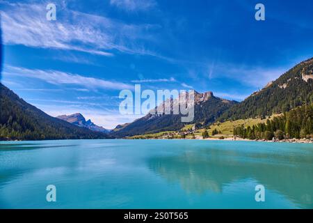 Reservoir Sufnersee on the Hinterrhein river in Switzerland surrounded by Mountains. Stock Photo