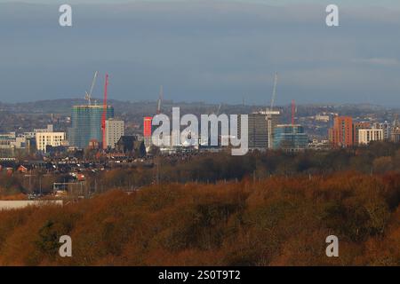 A distant view of Leeds City Centre,West Yorkshire, with various new tall buildings under construction. Stock Photo