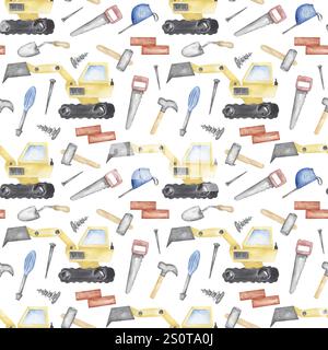 watercolor cute kids builder elements and excavator work machine seamless pattern, bricks, hammer, nails, saw, screw and screwdriver repeat children p Stock Photo